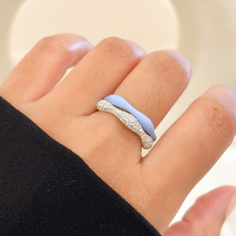Sorbet Swirl Blue Moon Enamel & Diamond Swirls Stacker Ring Duo