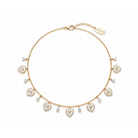 A gold-tone necklace with multiple heart-shaped pendants, each surrounded by small clear stones, displayed on a clean white background. The brand name 'OCTONOV' is visible on the clasp tag.