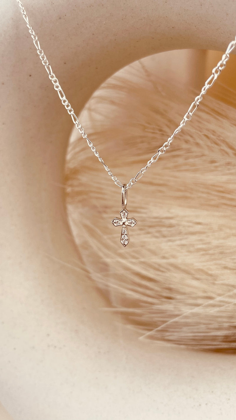 Dainty Zircon encrusted Cross Necklace with Figaro Chain