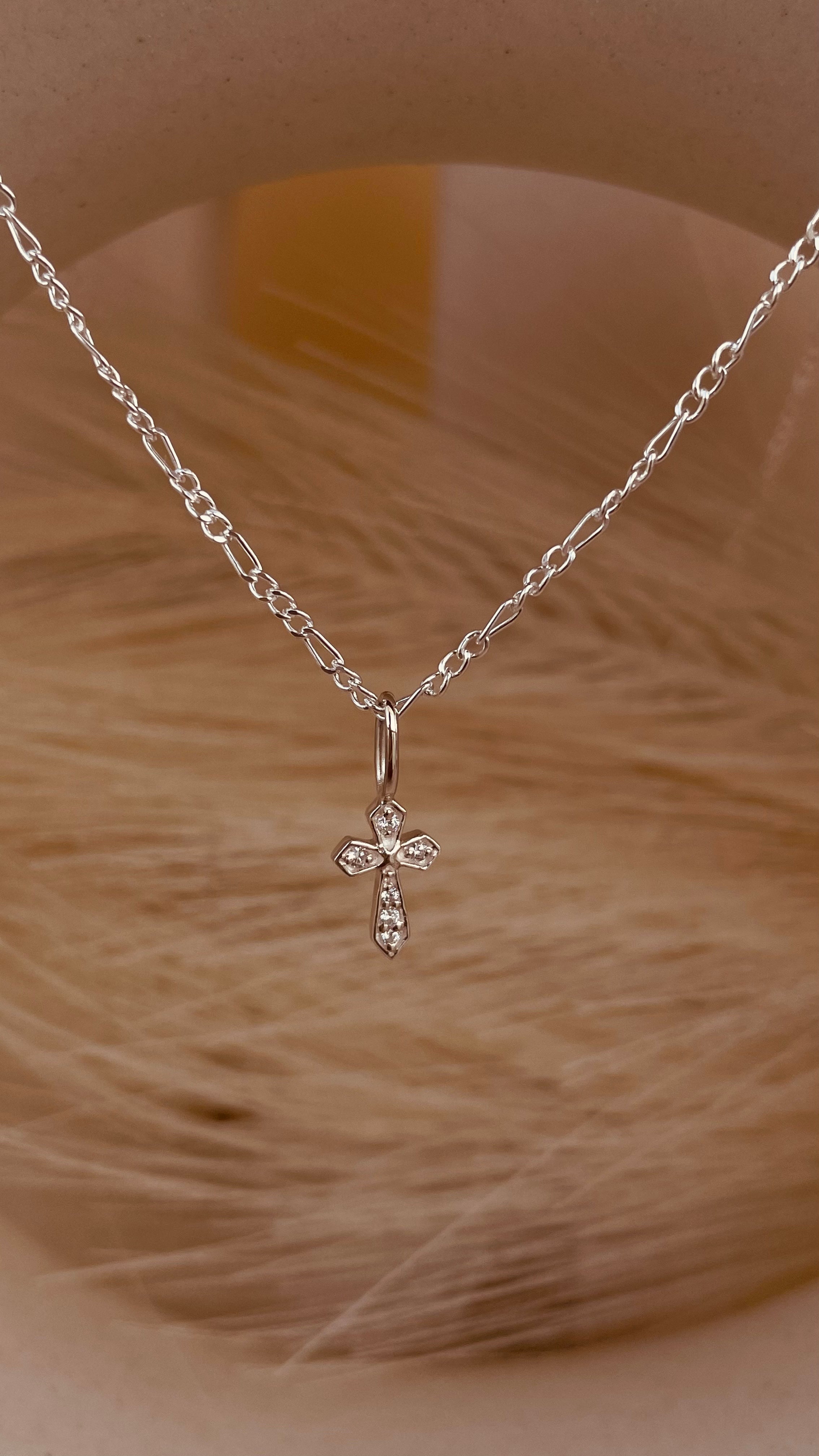 Dainty Zircon encrusted Cross Necklace with Figaro Chain - Octonov 