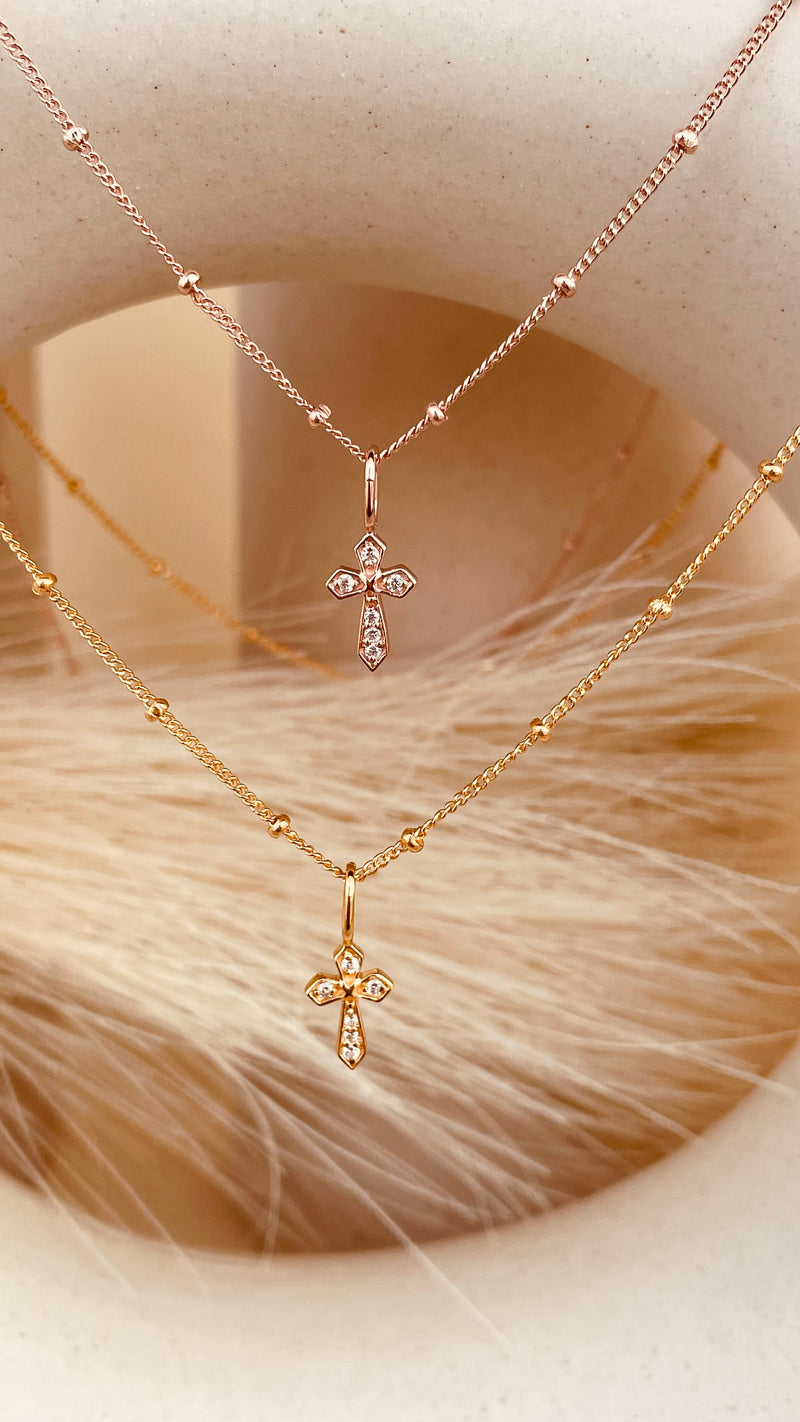 Zircon encrusted Cross Necklace with Satellite Chain