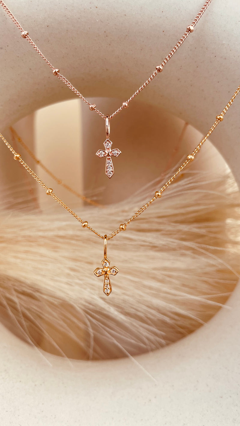 Zircon encrusted Cross Necklace with Satellite Chain