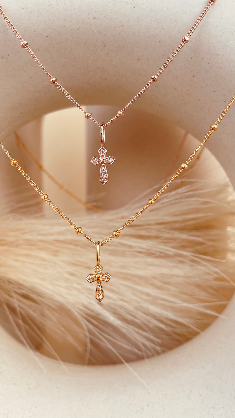Zircon encrusted Cross Necklace with Satellite Chain