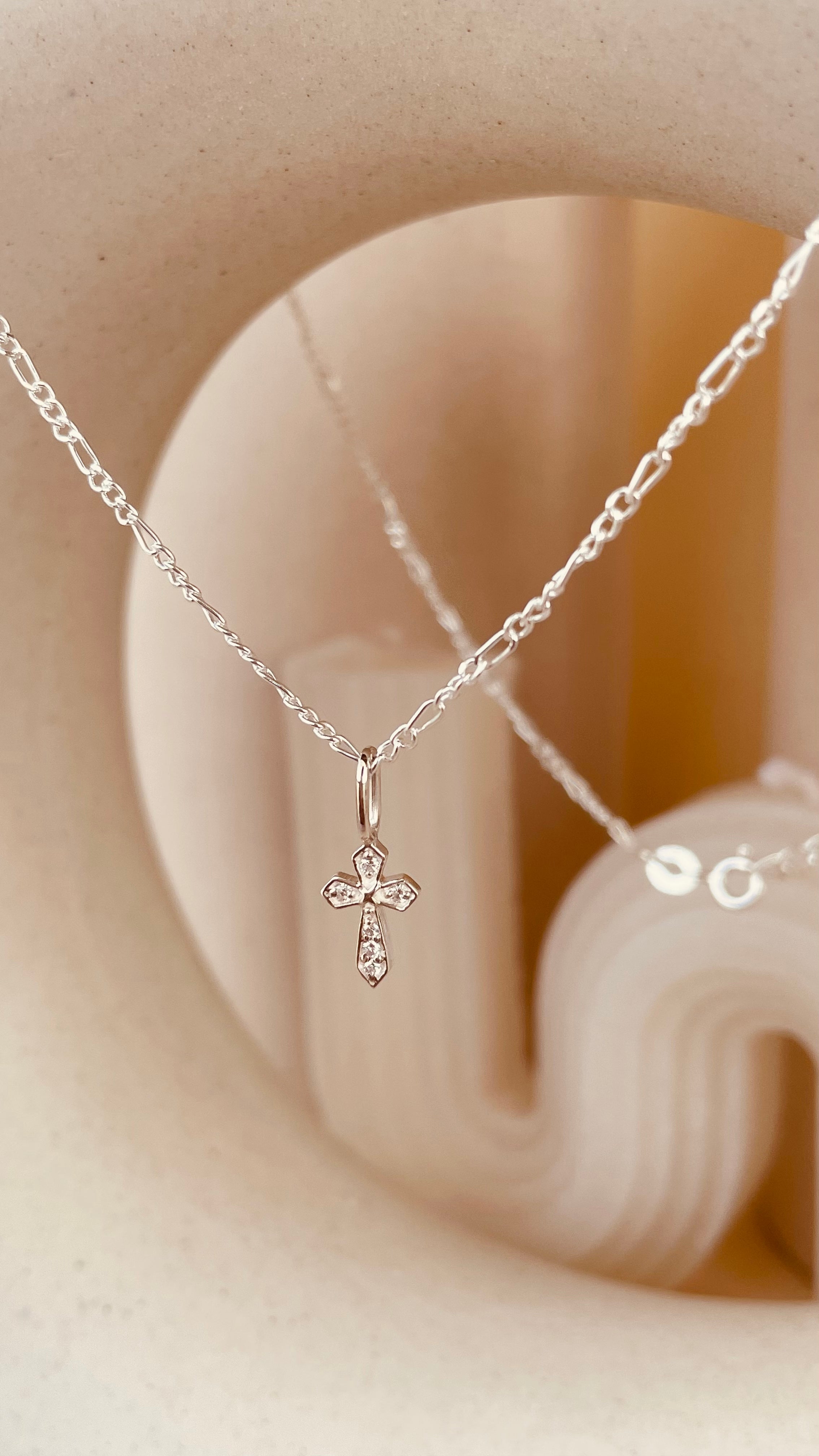 Dainty Zircon encrusted Cross Necklace with Figaro Chain - Octonov 
