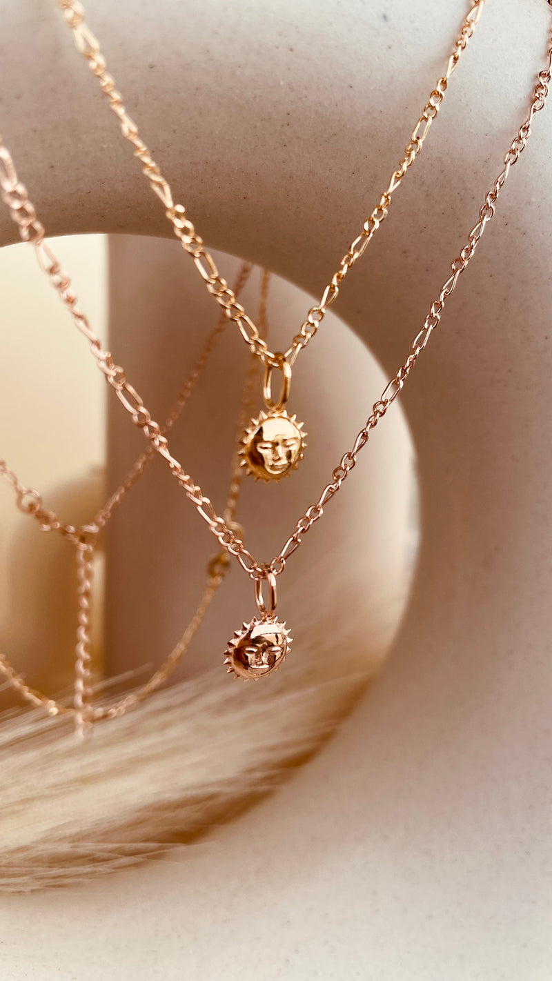 Dainty Steller Sun Charm Necklace with Figaro Chain
