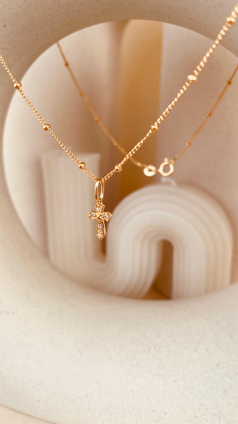 Zircon encrusted Cross Necklace with Satellite Chain