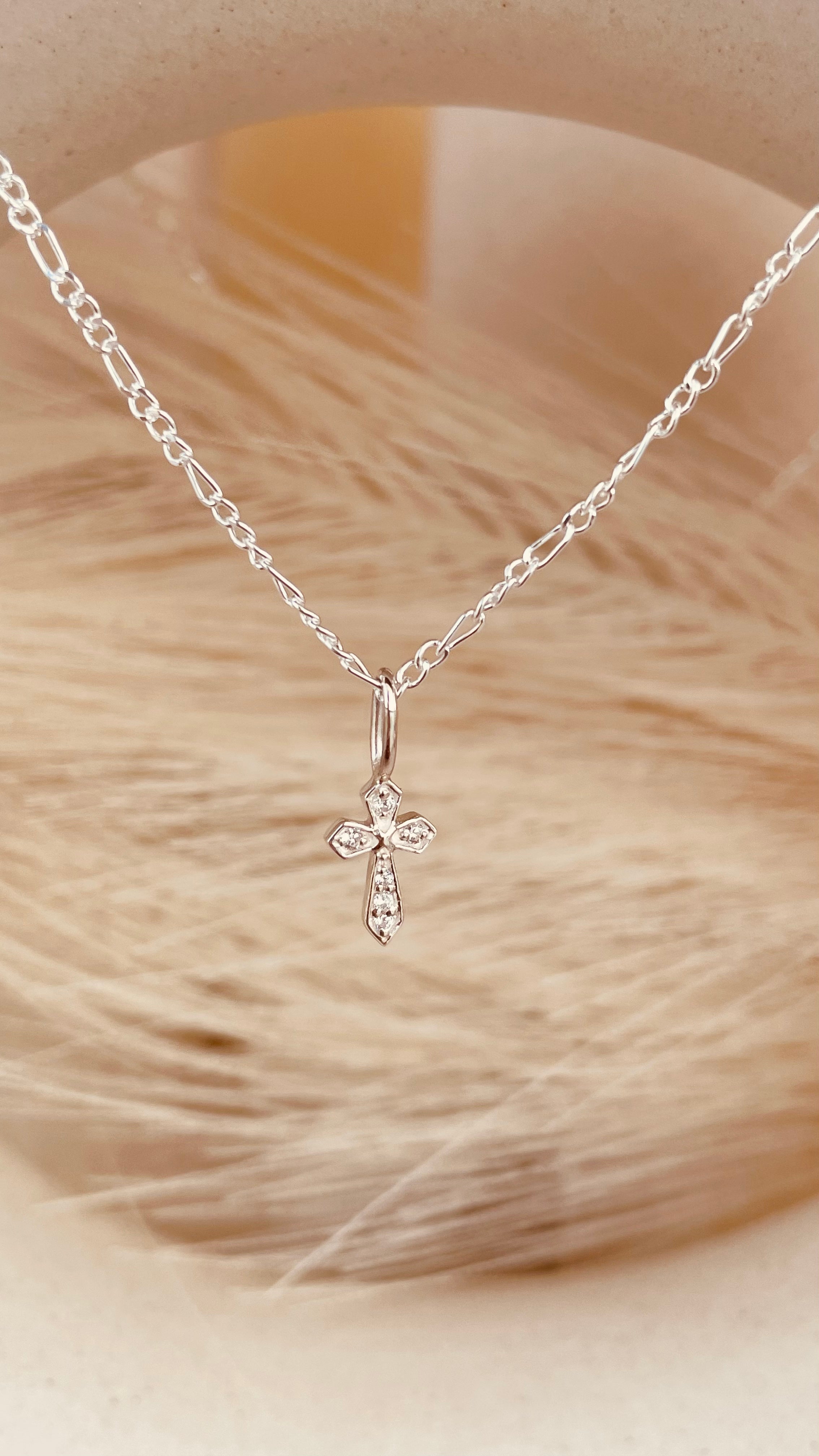 Dainty Zircon encrusted Cross Necklace with Figaro Chain - Octonov 