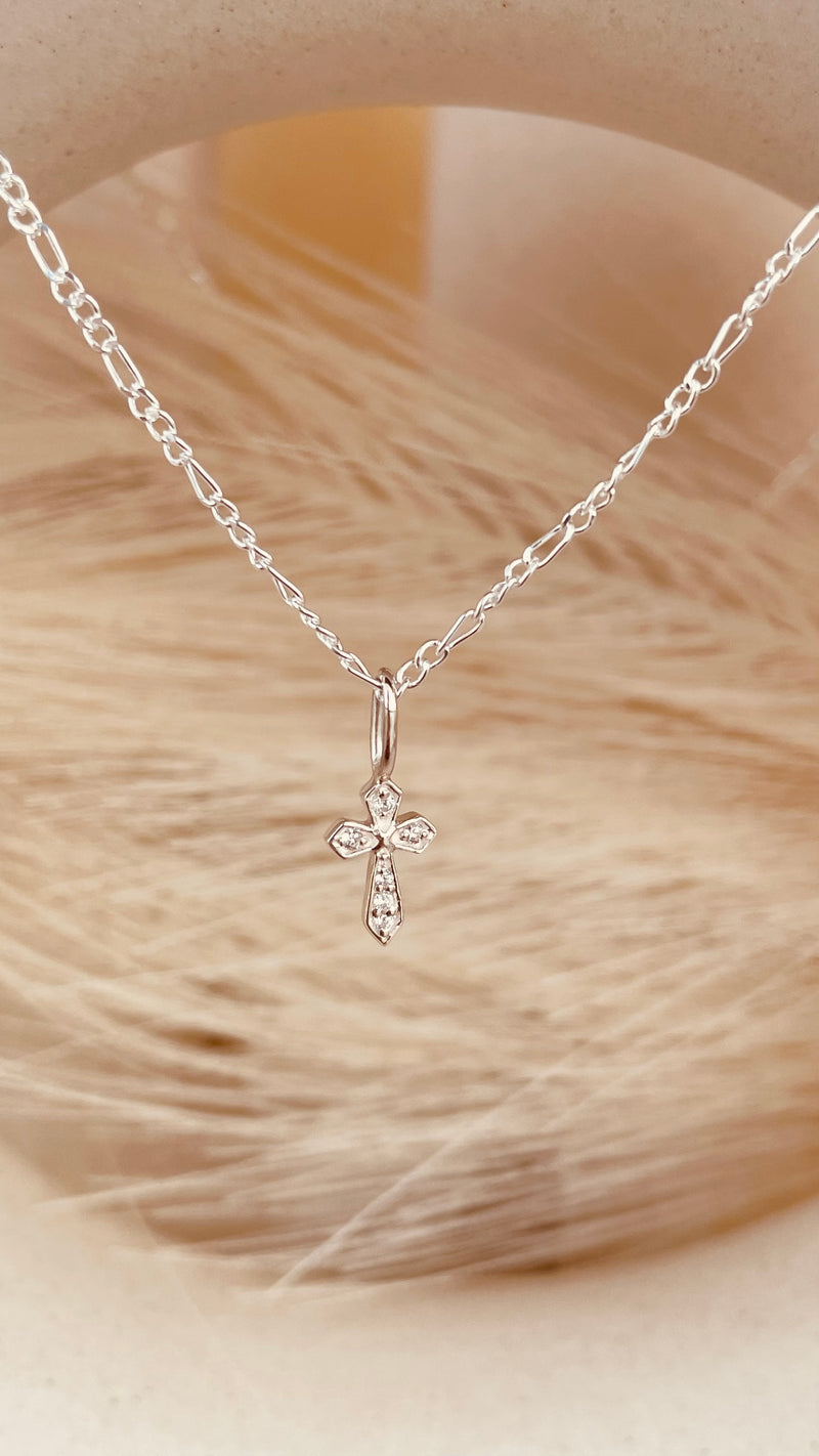 Dainty Zircon encrusted Cross Necklace with Figaro Chain