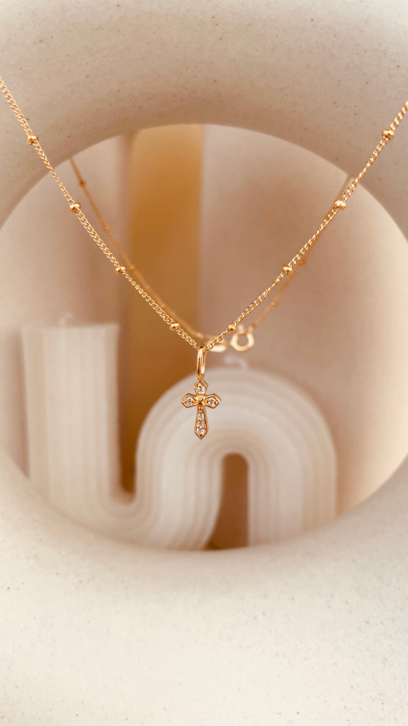 Zircon encrusted Cross Necklace with Satellite Chain