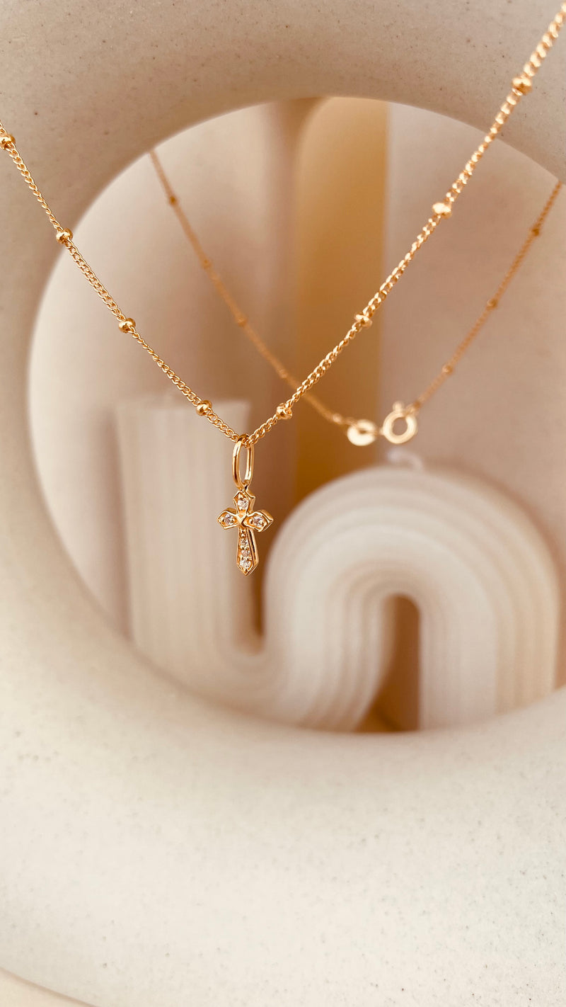 Zircon encrusted Cross Necklace with Satellite Chain