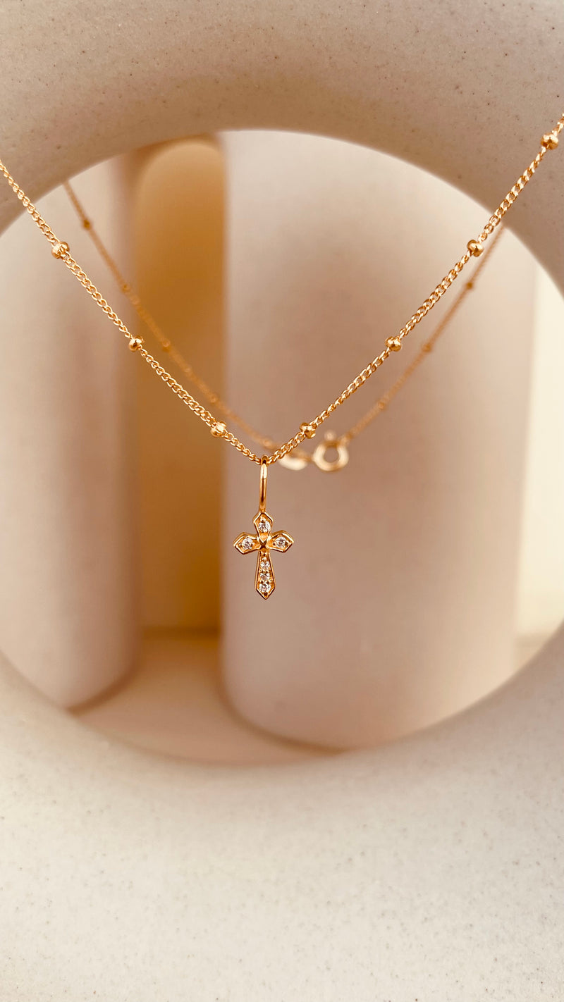 Zircon encrusted Cross Necklace with Satellite Chain