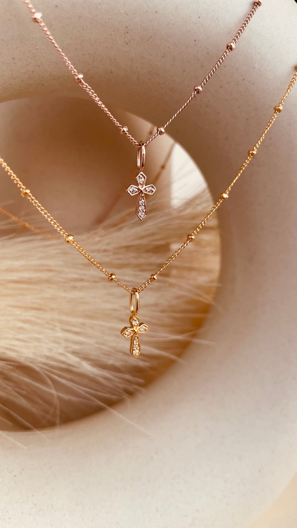 Zircon encrusted Cross Necklace with Satellite Chain