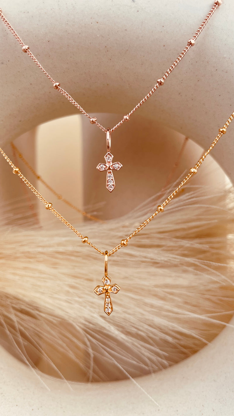 Zircon encrusted Cross Necklace with Satellite Chain